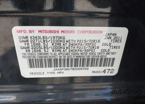 2011 Mitsubishi Outlander Sport Es from USA, damaged, VIN JA4AP3AU7BZ009709